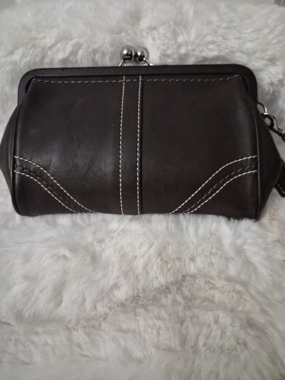 Coach Chocolate Brown Leather Kiss-Lock Clutch with Contrast Stitching